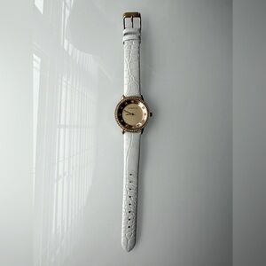 Liz Claiborne Elegant White Leather Band Gold Watch Diamond rhinestone accents